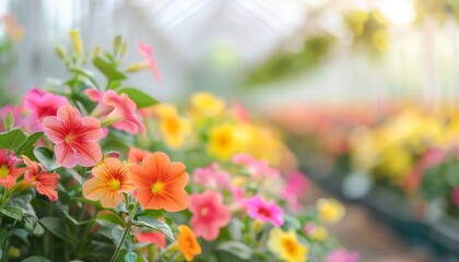 Vibrant multi-colored flowers in a greenhouse creating a beautiful, serene ambiance perfect for gardens and floral decorations.