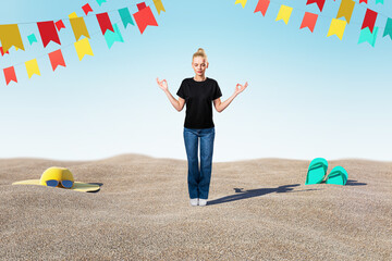 Meditating young businesswoman on the beach with various objects, sand and blue sky. Summer,...
