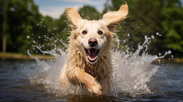 Happy running golden retriever on river