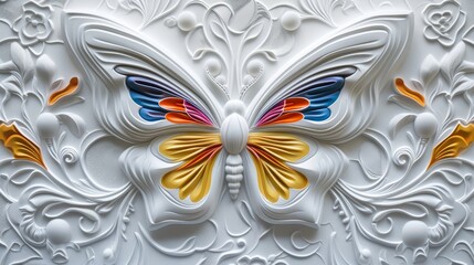 Fototapeta premium decorative texture of a white plaster wall with voluminous decorative patterns in the form of a multi-colored butterfly --ar 16:9 --quality 0.5 Job ID: a38d0e93-f7e9-4888-8fdd-44ffcbf58d42