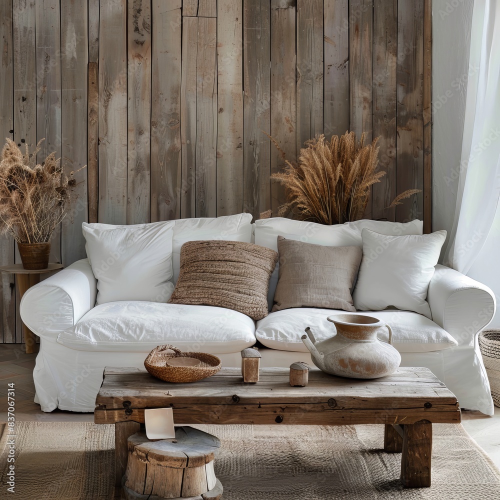 Wall mural This cozy interior shot highlights a living room with wooden walls providing a warm, rustic background for stock photography, a potential best-seller