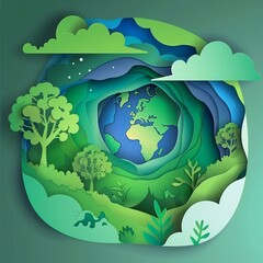 World Ozone Day in vector paper cut style, highlighting environmental protection with a green planet, trees, and clean air motifs, 2:3 aspect ratio.