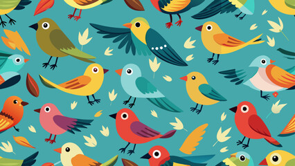 Colorful, cartoon-style birds in varying shades of red, yellow, green, and blue scattered across a teal background, with small leaf motifs interspersed throughout.