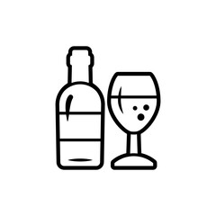 Wine bottle and glass linear icon. Outline silhouette of wine bottle and glass. Monochrome logo, vector design element