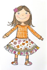 Fototapeta premium A young girl standing with her arms outstretched. She is wearing a yellow sweater and a floral skirt. The girl has long hair and smiles.