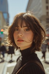 Fototapeta premium Portrait of Young Woman with Short Wavy Hair in Urban Setting on Sunny Day, Wearing Black Turtleneck While City Life Blurs in Backgroundurban