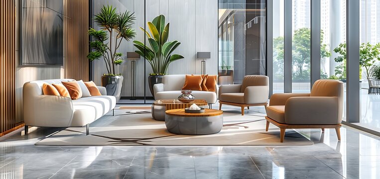 The seamless blend of luxury and functionality as you behold a real photo depicting a stylish lobby interior. featuring plush seating arrangements and an elegant coffee table bathed in the soft glow.