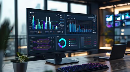 A computer monitor equipped with an abstract network monitoring dashboard displays technology and data analysis with a photograph, providing vivid graphs and real-time data analysis.