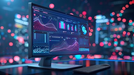 A computer monitor equipped with an abstract network monitoring dashboard displays technology and data analysis with a photograph, providing vivid graphs and real-time data analysis.