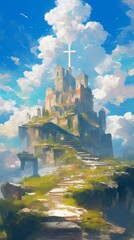 Ruins, wilderness, growing ruins, natural regeneration, and the Christian cross, the stairway to heaven in the concept of heaven. religious background. Faith, hope, stairway to heaven in spiritual con