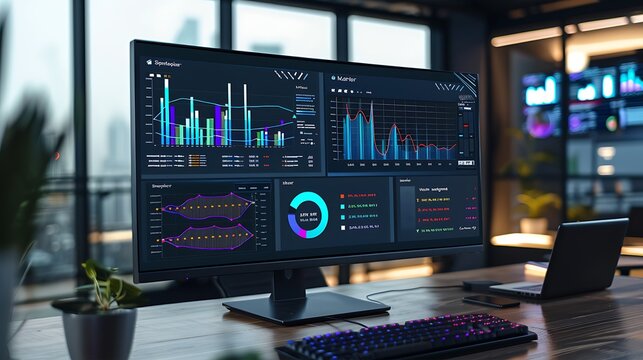 A computer monitor equipped with an abstract network monitoring dashboard displays technology and data analysis with a photograph, providing vivid graphs and real-time data analysis.