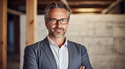 Fototapeta premium Photograph of a middle-aged architect with a passionate expression, explaining a design to a group of clients, looking at the camera 