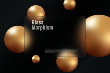 Glass morphism landing page. Illustration with blurry floating golden spheres on a black background.