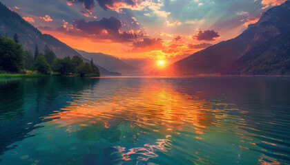 A beautiful sunset over a lake with mountains in the background