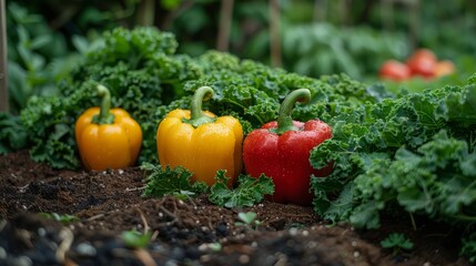 Fresh organic vegetables, such as peppers and kale, growing abundantly in a well-maintained garden, reflecting the rewards of organic farming.