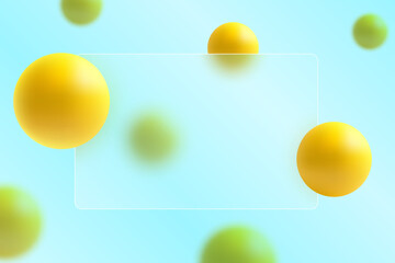 Template of credit card, glass morphism. Transparent glass card and yellow spheres with blur effect.