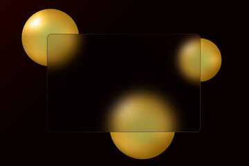 Banner made of transparent frosted glass with gold spheres on a black background.