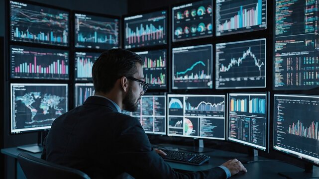 Male data analyst looking at a bunch of data Visualisation and various type of graphs on computer screens