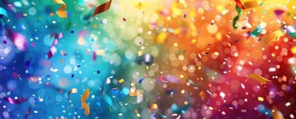 Colorful Confetti and Ribbons Falling on a Blurred Background