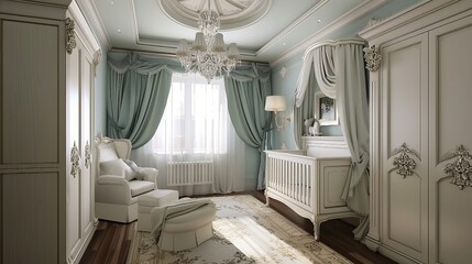 elegant and classic nursery with a soft pastel color palette. The room features intricate moldings, a plush armchair, and luxurious curtains, creating a serene and sophisticated environment for a baby