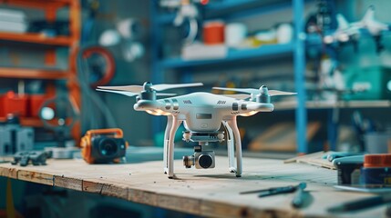 Innovating Aerial Imaging: Drone Prepares on Workbench for New Venture