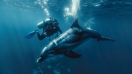 Fototapeta premium dolphin and scuba diver underwater