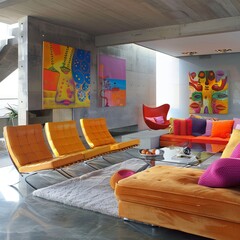 Vibrant and artistic living room interior featuring colorful artwork and modern furniture for abstract concepts of joy, best-seller for backgrounds