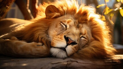 Fototapeta premium Photograph of a sleeping lion curled up in the sun, its powerful form radiating an aura of peace and tranquility 
