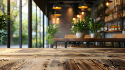 Empty wood table top and blur glass window interior restaurant banner mock up abstract background - to display or montage products.