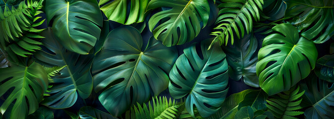 Hojas verdes de plantas tropicales, helechos y monsteras en el fondo de la naturaleza. Estilo plano. Tono verde oscuro. Vista superior.