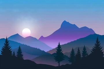 Obraz premium Landscape with mountains, coniferous forest and sunset. illustration.