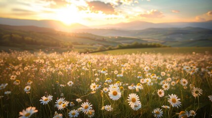 A field of white flowers with a bright sun in the background