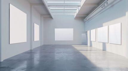  A white exhibition room with white canvases hanging on the walls, flash lighting, natural sun lighting