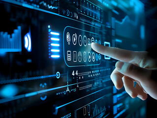 Obraz premium Close-up of a hand interacting with a digital interface, symbolizing futuristic technology and user experience.