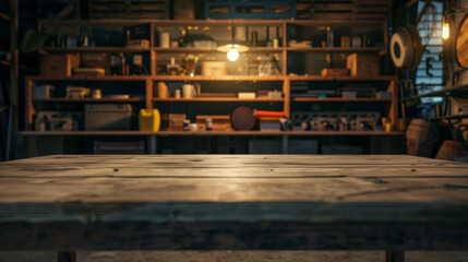 Naklejka premium An empty rustic wooden table and a multi storey wooden shelf, all in focus, interiors of a rustic garage, cinematic lighting