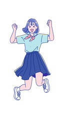 ジャンプして喜ぶアニメ調の女子学生