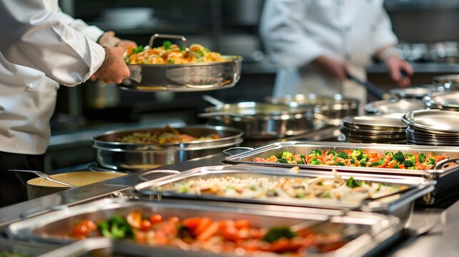 Modern Professional Catering Kitchen with Chafing Dishes, Hotel Pans, and To-Go Packaging Equipment