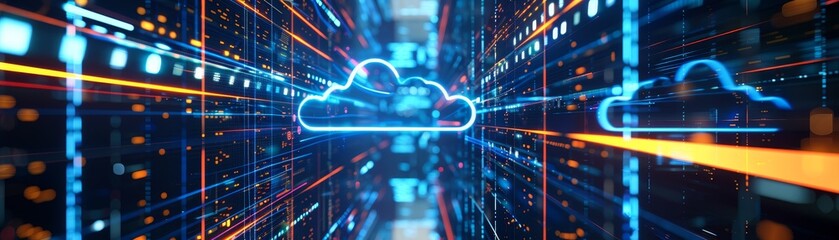 A cloud migration project, with IT professionals moving data to cloud platforms, emphasizing the role of cloud computing and SaaS in modernizing IT infrastructure. Digital transformation. SaaS Power.