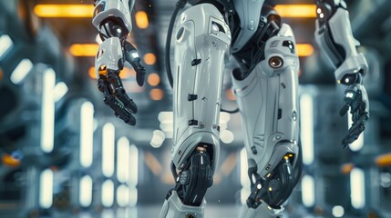 Fototapeta premium Wearable robotics, showcasing a powered exoskeleton designed for enhanced strength and mobility, illustrating its application in industrial settings for heavy lifting and repetitive tasks