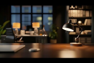 close-up image, Modern stylish dark workspace tabletop with table lamp, decor and copy space for display your product mockup over blurred modern dark office background. generative ai.