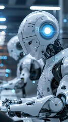 Fototapeta premium A scene depicting a robotics lab, with engineers working on AI-driven robots and automation, focusing on the development of advanced robotics technology for industrial and consumer applications