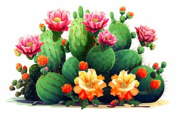 vector illustration style,Adorable cactus with tiny flowers, green and spiky, vivid colors captured in high detail, isolated on white background