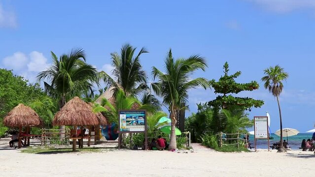 Palapa thatched roofs palms parasols sun loungers beach people Mexico.