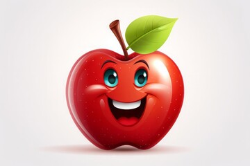 vector illustration style,Adorable apple with a smiling face, vibrant red and shiny, vivid colors captured in high detail, isolated on white background
