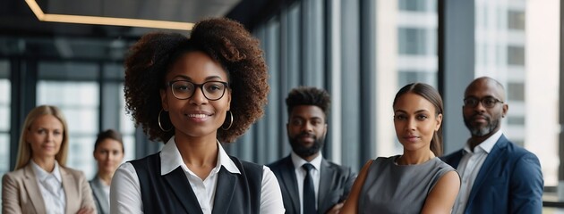 Portrait, business people and black woman with arms crossed, meeting and planning in modern office. Face, group and team leader with confidence, pride and career