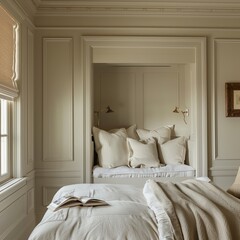 a minimalist bedroom, adorned with traditional molding 