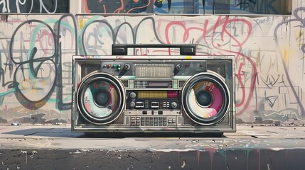 Vintage boom box with large speakers and colorful buttons