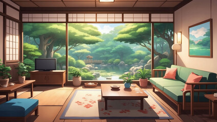 Cozy Japanese-style living room with a tranquil garden view, exuding a soothing lo-fi ambiance.