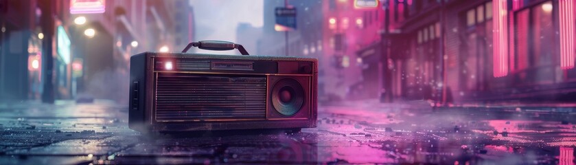 Classic boom box on a city street with a backdrop of urban skyline and neon lights