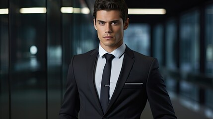 Fototapeta premium Photograph of a young, confident businessman in a sharp suit, standing tall with a determined look on his face. 
